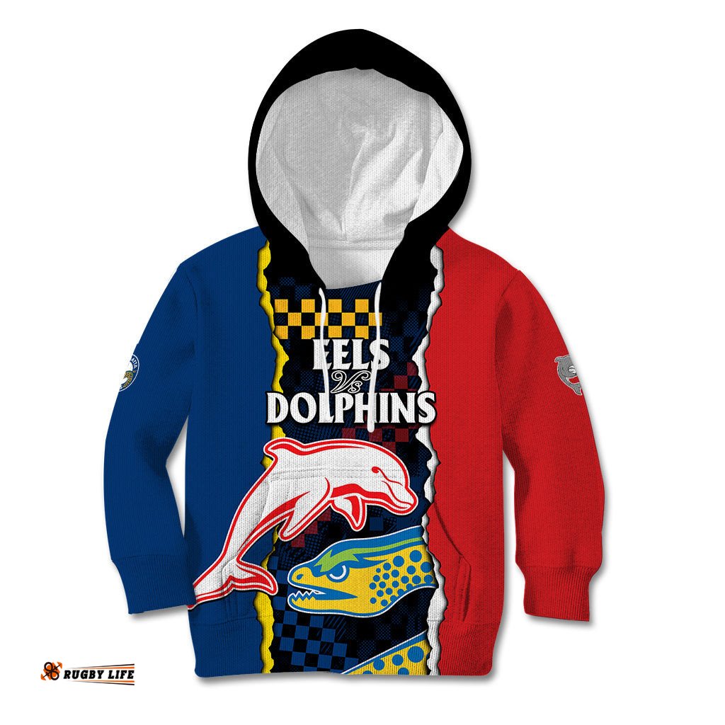 Custom Text And Number NRL Combine Dolphins and Parra Eels Kid Hoodie Simple Style