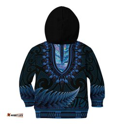 Blue African Dashiki With Aotearoa Maori Kid Hoodie Paua Shell Mix Silver Fern