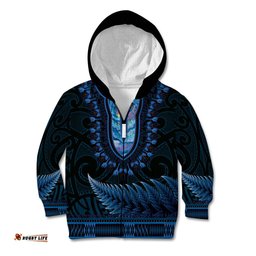 Blue African Dashiki With Aotearoa Maori Kid Hoodie Paua Shell Mix Silver Fern