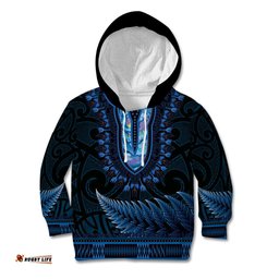 Blue African Dashiki With Aotearoa Maori Kid Hoodie Paua Shell Mix Silver Fern