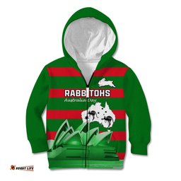 Custom Australia Day Rabbitohs Kid Hoodie NRL 2024 Sydney Opera House With Map