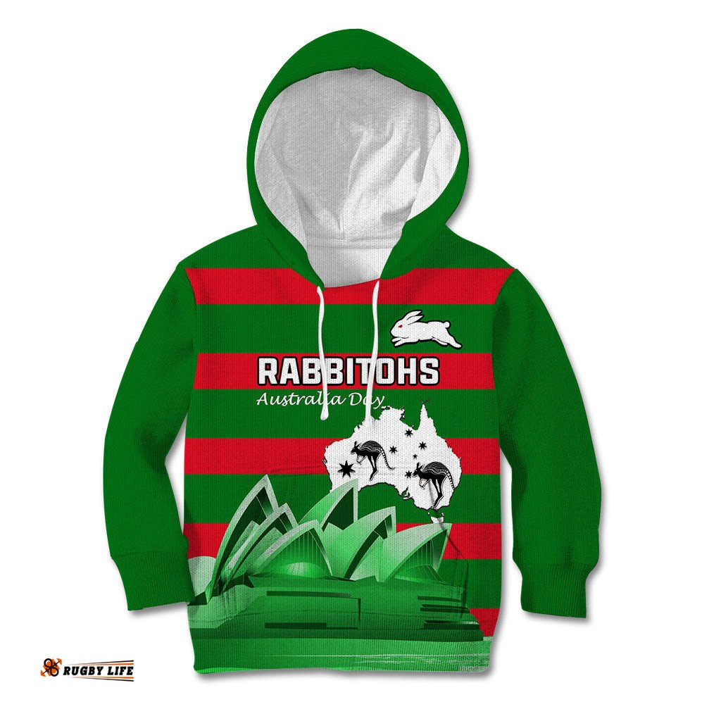 Custom Australia Day Rabbitohs Kid Hoodie NRL 2024 Sydney Opera House With Map
