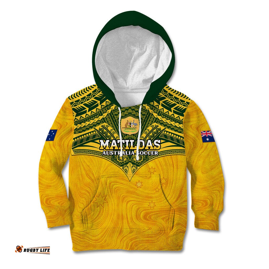 Custom Australia Matildas Kid Hoodie Polynesian Mix Gold Marble