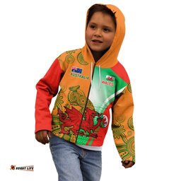 Custom Australia And Wales Rugby Kid Hoodie Wallabies Welsh Mascots Dynamic Version