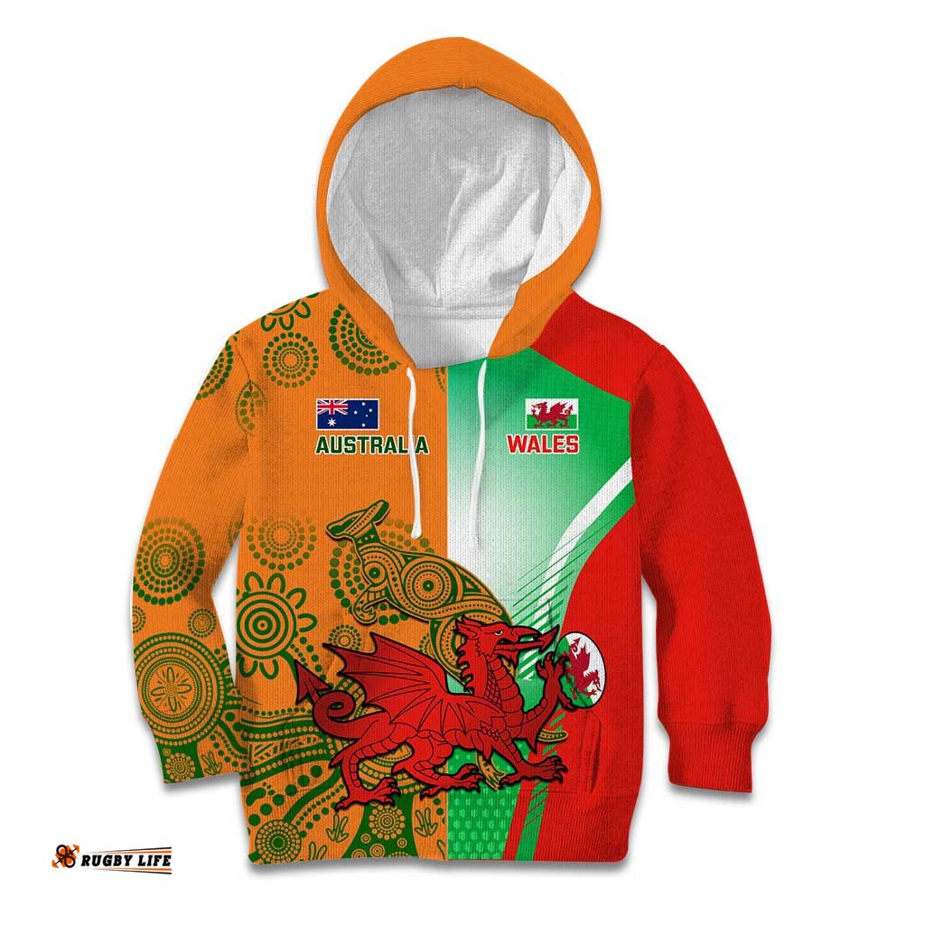 Custom Australia And Wales Rugby Kid Hoodie Wallabies Welsh Mascots Dynamic Version