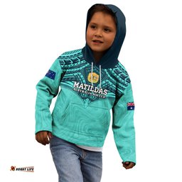 Custom Australia Matildas Kid Hoodie Polynesian Mix Turquoise Marble