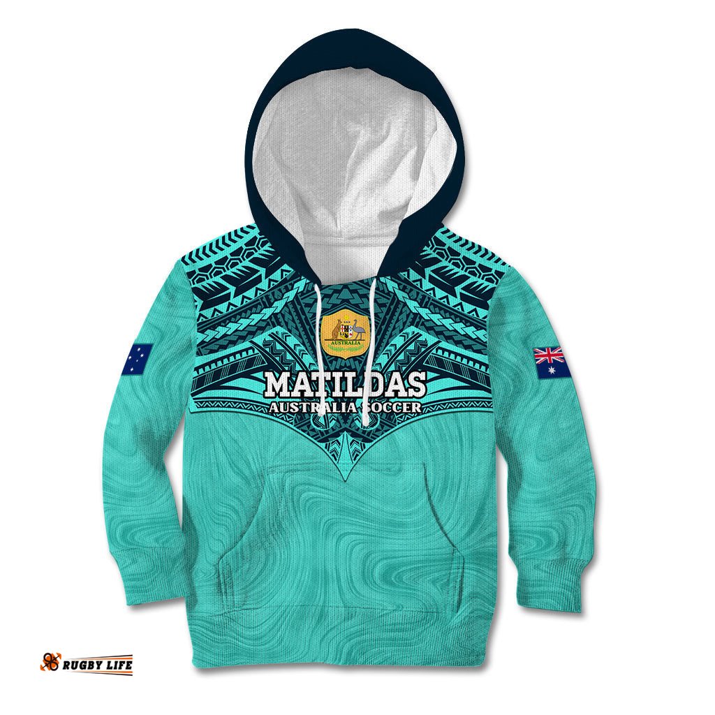 Custom Australia Matildas Kid Hoodie Polynesian Mix Turquoise Marble