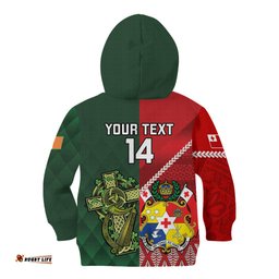 Custom Tonga And Ireland Rugby Kid Hoodie Ikale Tahi With Shamrocks