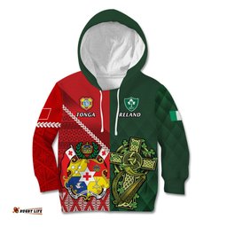 Custom Tonga And Ireland Rugby Kid Hoodie Ikale Tahi With Shamrocks