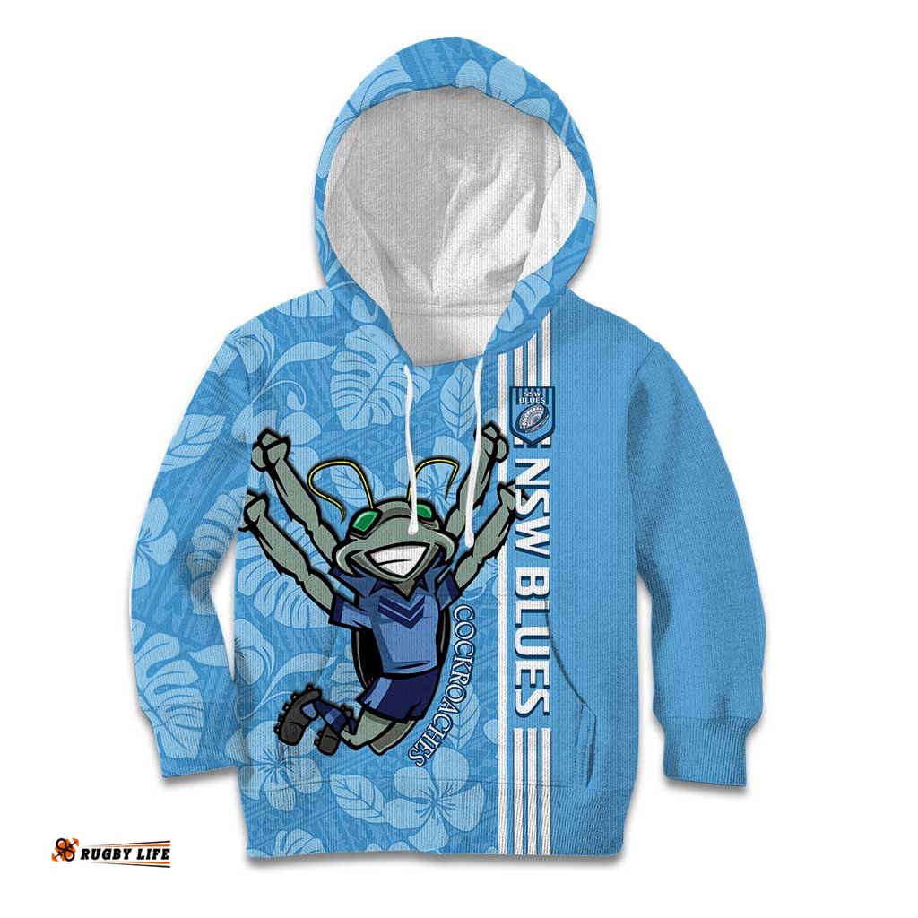 Custom NSW Blues Rugby Kid Hoodie Cockroaches Polynesian Pattern Tropical Vibes
