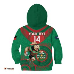 Custom NRL Rabbitohs NAIDOC Week Kid Hoodie Keep The Fire Burning Indigenous Art