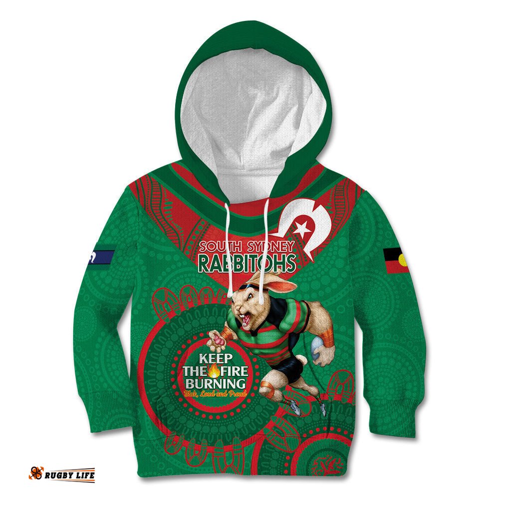 Custom NRL Rabbitohs NAIDOC Week Kid Hoodie Keep The Fire Burning Indigenous Art