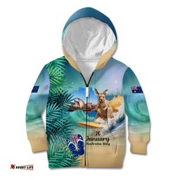 Australia Day 2024 Kid Hoodie Kangaroo Go Surfing Aussie Map Tropical Style