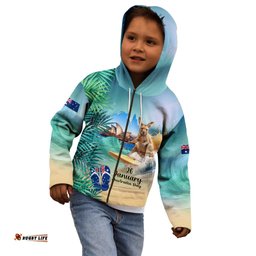 Australia Day 2024 Kid Hoodie Kangaroo Go Surfing Aussie Map Tropical Style