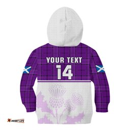 Custom Text And Number Scotland Rugby Kid Hoodie Thistle Mix Tartan Scottish Map Sporty Version Purple