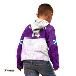 Custom Text And Number Scotland Rugby Kid Hoodie Thistle Mix Tartan Scottish Map Sporty Version Purple