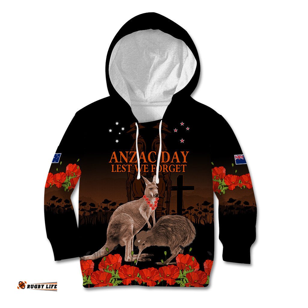Kangaroo and Kiwi Bird ANZAC Day Custom Kid Hoodie Soldier Style