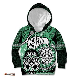 Te Reo Maori New Zealand Kid Hoodie Aotearoa Kia Haka Maori Tribal Tattoo Green Style