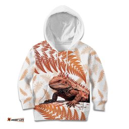 Red New Zealand Tuatara Kid Hoodie Aotearoa Sphenodon Punctatus Silver Fern