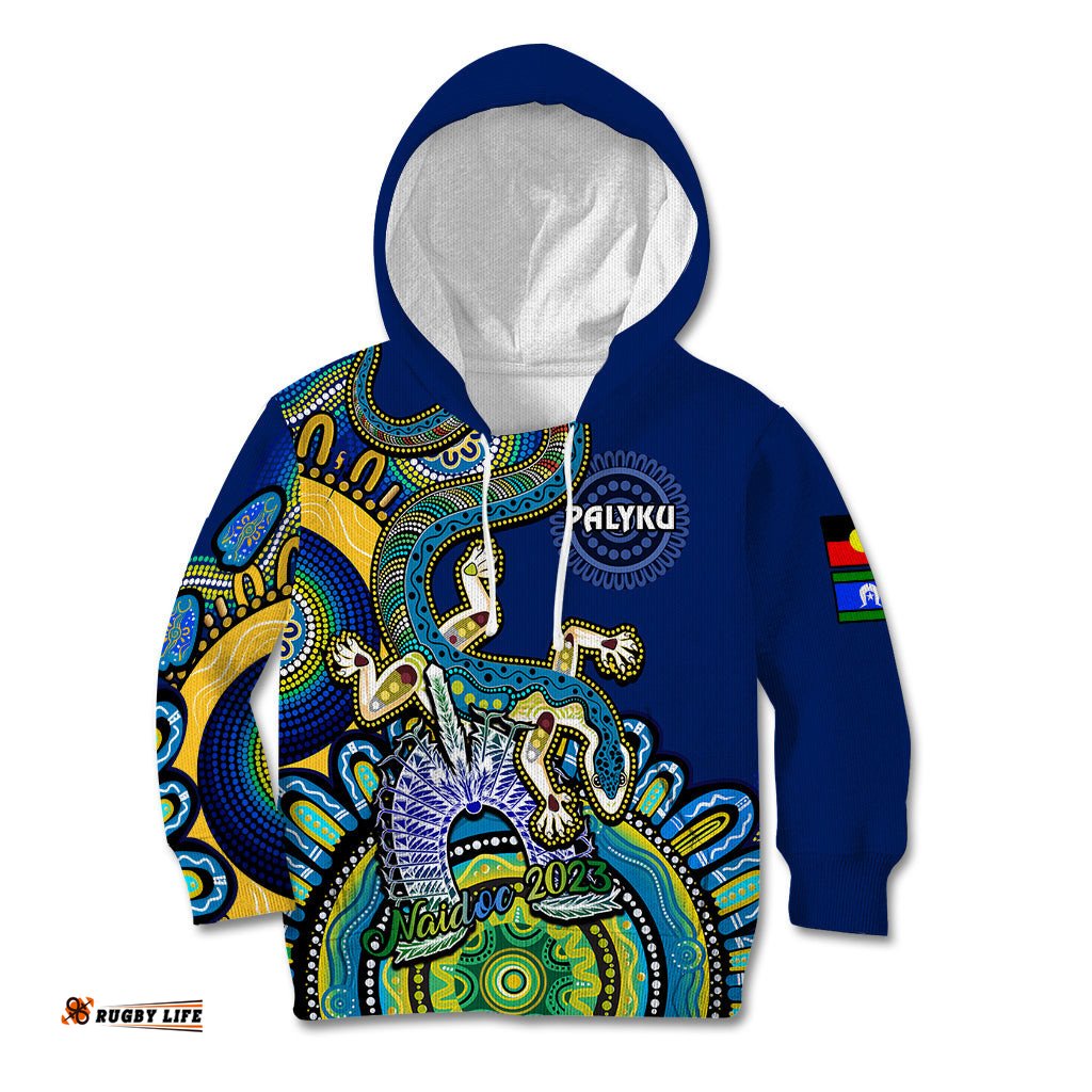 Custom Text And Number Australia NAIDOC Kid Hoodie Palyku Indigenous Lizard For Our Elders