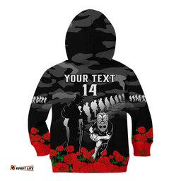 Custom Text And Number New Zealand ANZAC Rugby Kid Hoodie Silver Fern All Black Camouflage Mix Poppy