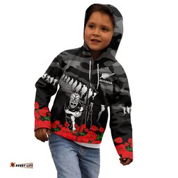 Custom Text And Number New Zealand ANZAC Rugby Kid Hoodie Silver Fern All Black Camouflage Mix Poppy