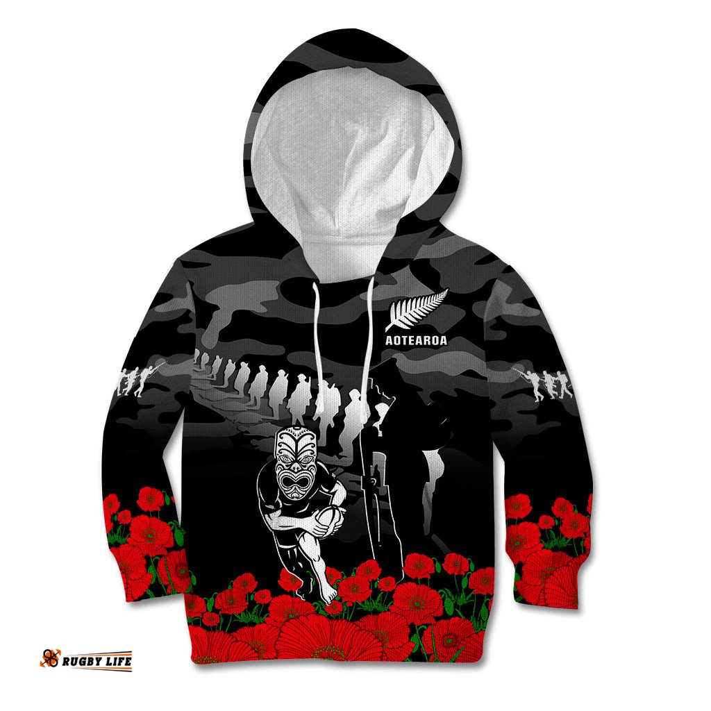 Custom Text And Number New Zealand ANZAC Rugby Kid Hoodie Silver Fern All Black Camouflage Mix Poppy