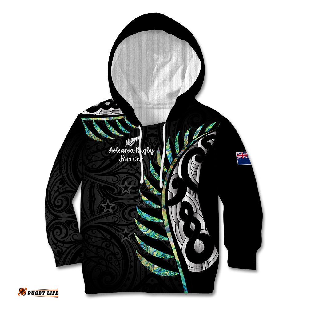 Personalised New Zealand Silver Fern Rugby Kid Hoodie Paua Shell With Champions Trophy History NZ Forever