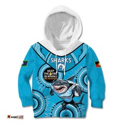 Custom NRL Sharks NAIDOC Week Kid Hoodie Keep The Fire Burning Indigenous Art