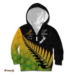 Australia Wallabies and Aotearoa Rugby Kid Hoodie Kangaroo Black Fern Maori Gradient Vibe