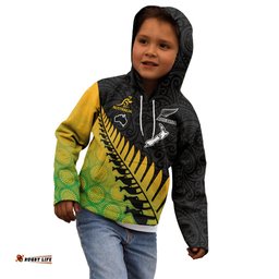Australia Wallabies and Aotearoa Rugby Kid Hoodie Kangaroo Black Fern Maori Gradient Vibe