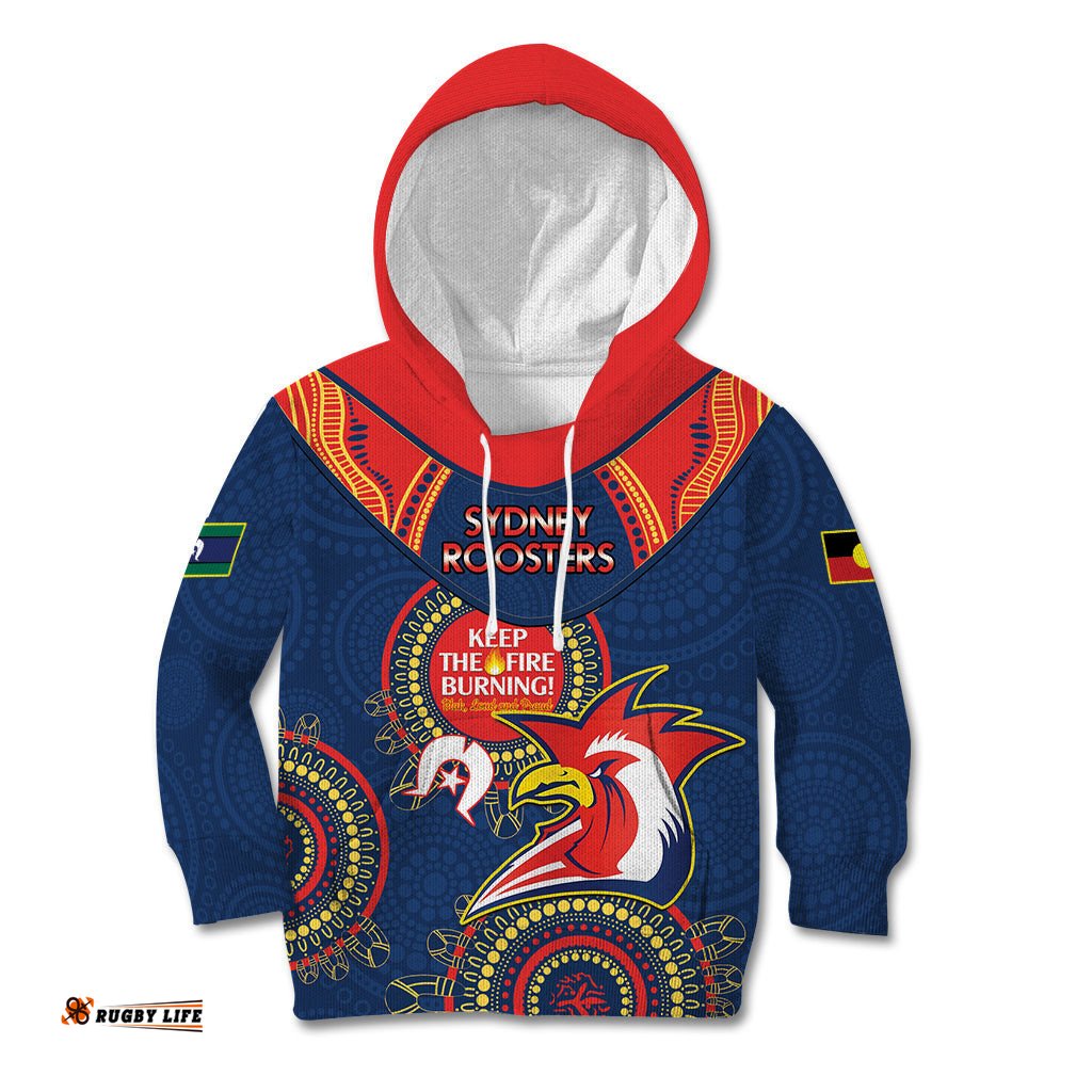 Custom NRL Roosters NAIDOC Week Kid Hoodie Keep The Fire Burning Indigenous Art