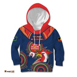 Custom NRL Roosters NAIDOC Week Kid Hoodie Keep The Fire Burning Indigenous Art