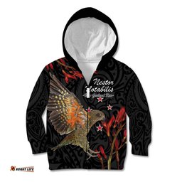 Personalised New Zealand Kea Kid Hoodie Nestor Notabilis With Harakeke Maori Pattern