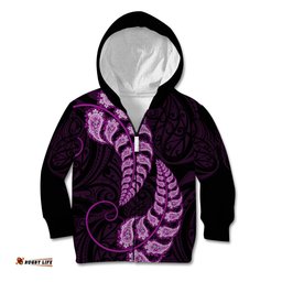 Purple New Zealand Paisley Silver Fern Kid Hoodie Aotearoa Maori