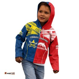 Custom Text And Number NRL Half Dolphins and Half Cowboys Rugby Kid Hoodie Sporty Style