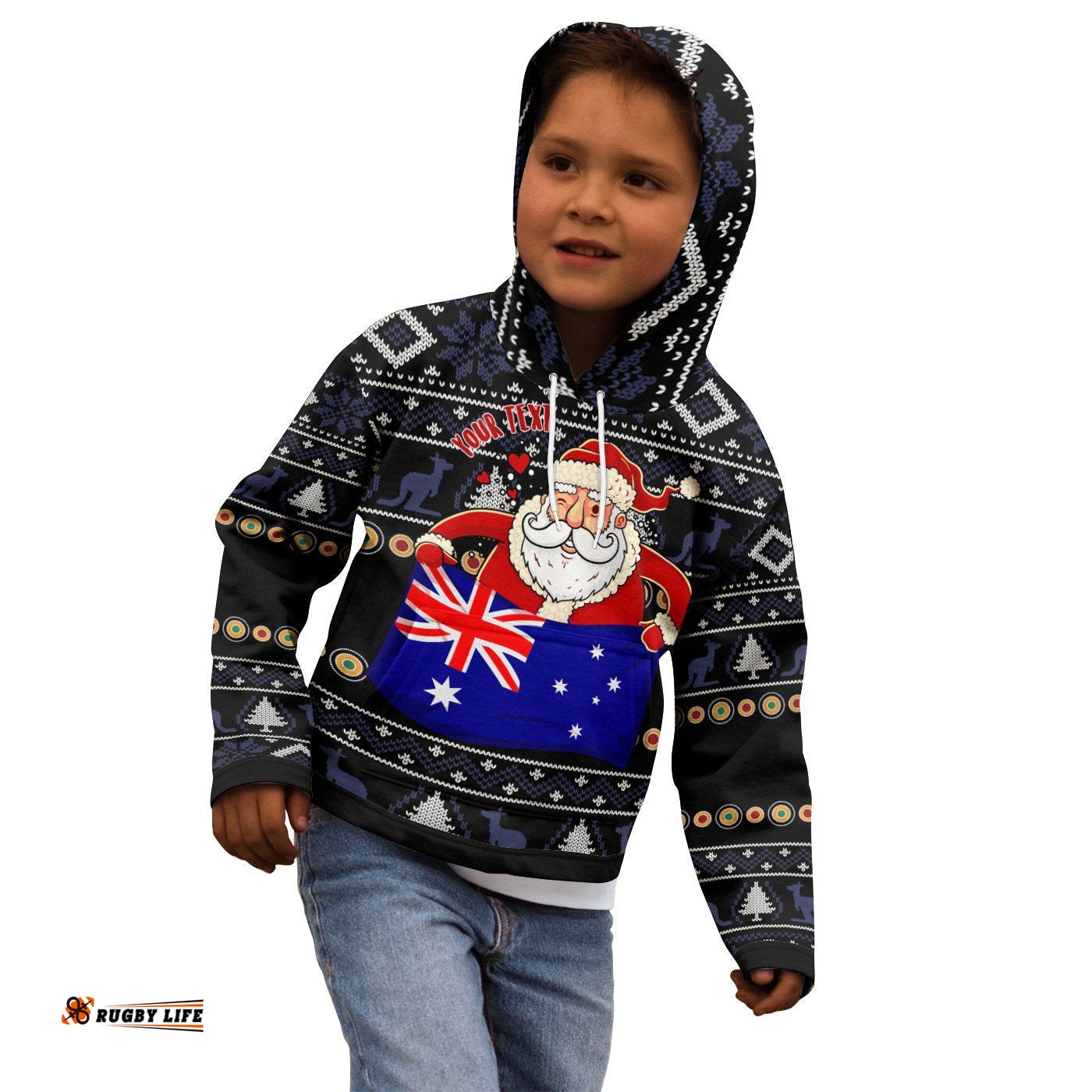 Christmas Personalised Hoodie Kids Australia Santa Claus Hold The Flag Black