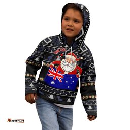 Christmas Personalised Hoodie Kids Australia Santa Claus Hold The Flag Black