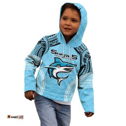 Sharks Rugby Custom Kid Hoodie With Polynesian Style