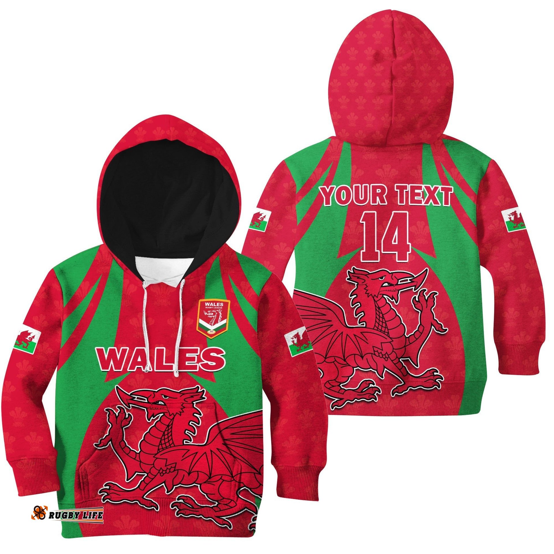 Custom Text And Number Wales Rugby Hoodie KID The Dragons National Team Come On Cymru
