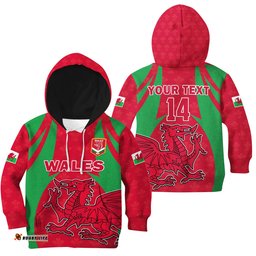 Custom Text And Number Wales Rugby Hoodie KID The Dragons National Team Come On Cymru