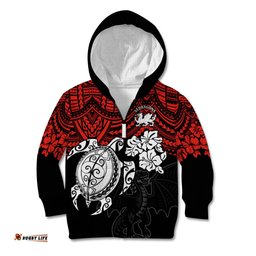 Custom Dragons Rugby Kid Hoodie Red V Hibiscus and Turtle With Polynesian Pattern