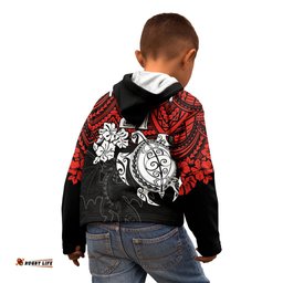 Custom Dragons Rugby Kid Hoodie Red V Hibiscus and Turtle With Polynesian Pattern
