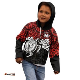 Custom Dragons Rugby Kid Hoodie Red V Hibiscus and Turtle With Polynesian Pattern