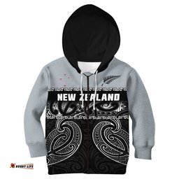 Custom Text And Number New Zealand Cricket Hoodie KID Black Cap Silver Fern Maori