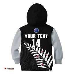 Custom Text And Number New Zealand Cricket Hoodie KID Black Cap Silver Fern Maori