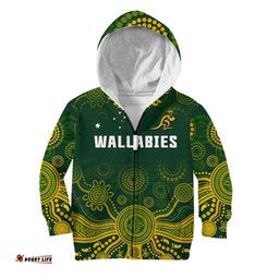 Custom Text And Number Australia Rugby Hoodie KID Wallabies Aboriginal Style