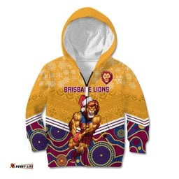 Custom Brisbane Lions Football Christmas Kid Hoodie Merry Xmas Mix Aboriginal Art