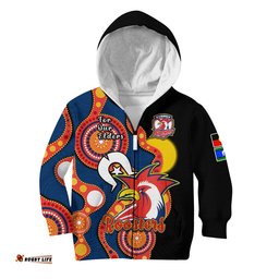 Custom Text And Number Roosters Rugby NAIDOC Hoodie KID Tricolours For Our Elders Indigenous Art