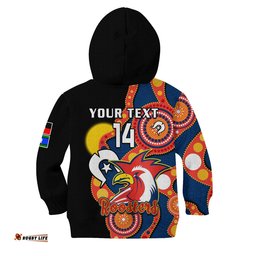 Custom Text And Number Roosters Rugby NAIDOC Hoodie KID Tricolours For Our Elders Indigenous Art